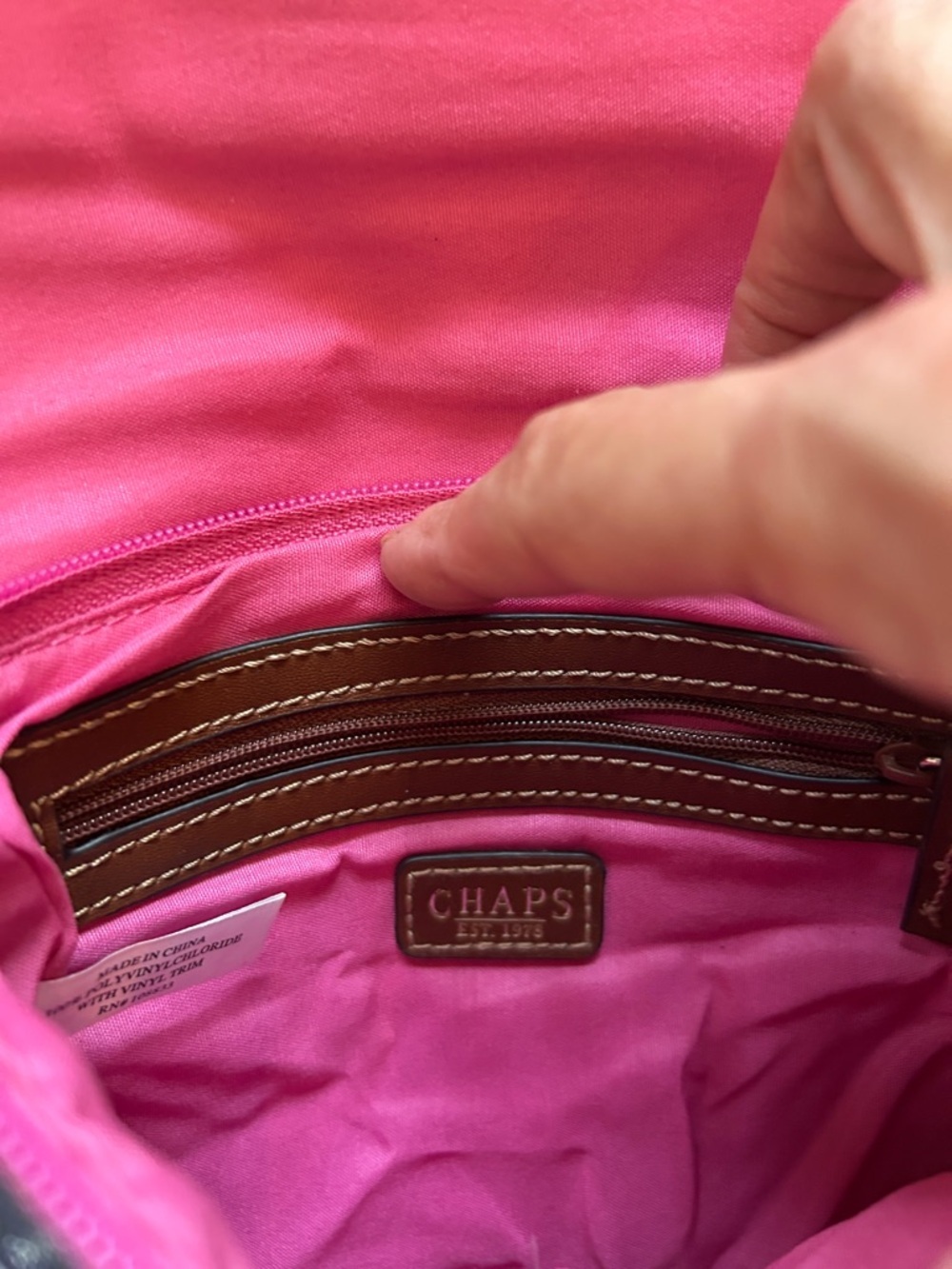 Chaps Brown Strap Paisley Crossbody with Pink, Blue & Green Accents - Picture 6 of 9